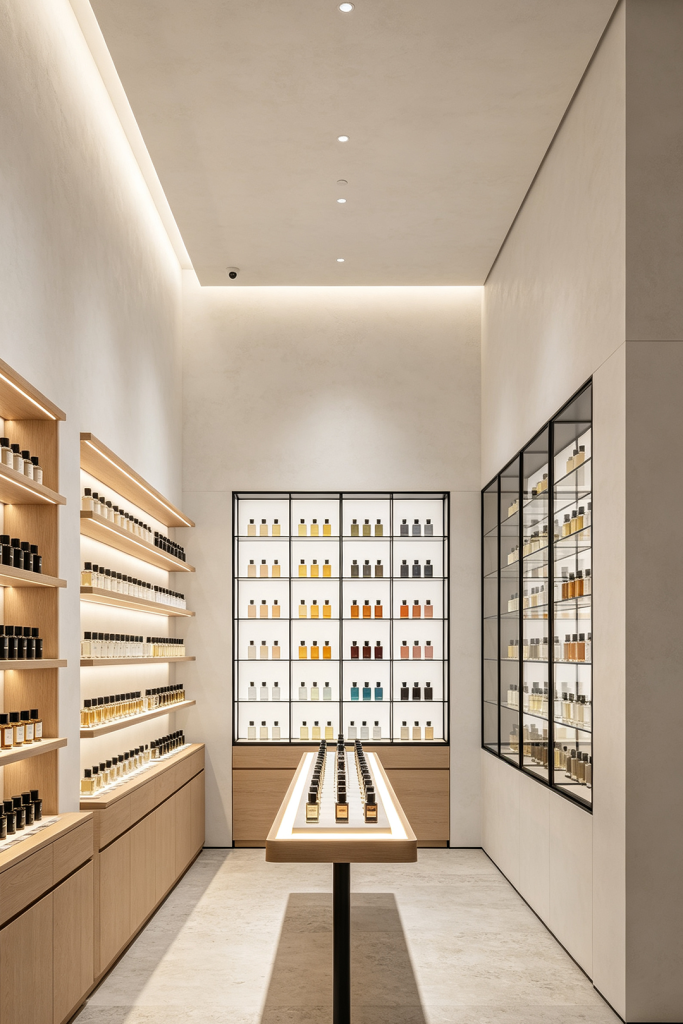 Custom perfume store design with illuminated wall displays and central fragrance table
