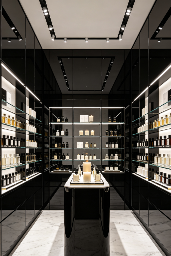 Luxury custom perfume store design with black display cabinets and illuminated glass shelves